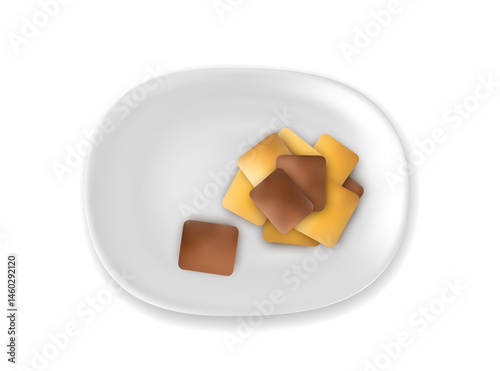 Filled dog biscuits icons, crackers symbols, soft crunchy pet treats, flavored small canine cookie