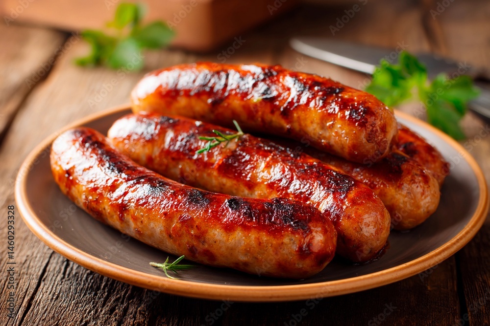 Juicy sausages are perfectly grilled and placed on a rustic plate, garnished with fresh herbs, showcasing a delicious meal at a backyard barbecue during a sunny afternoon Juicy sausages are perfectly grilled and placed on a rustic plate, garnished with fresh herbs, showcasing a delicious meal at a backyard barbecue during a sunny afternoon