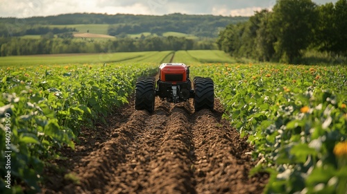 Autonomous tractor working in cultivated agricultural field, tilling soil for planting crop, precision farming solution on a transparent background, PNG image, PNG file.