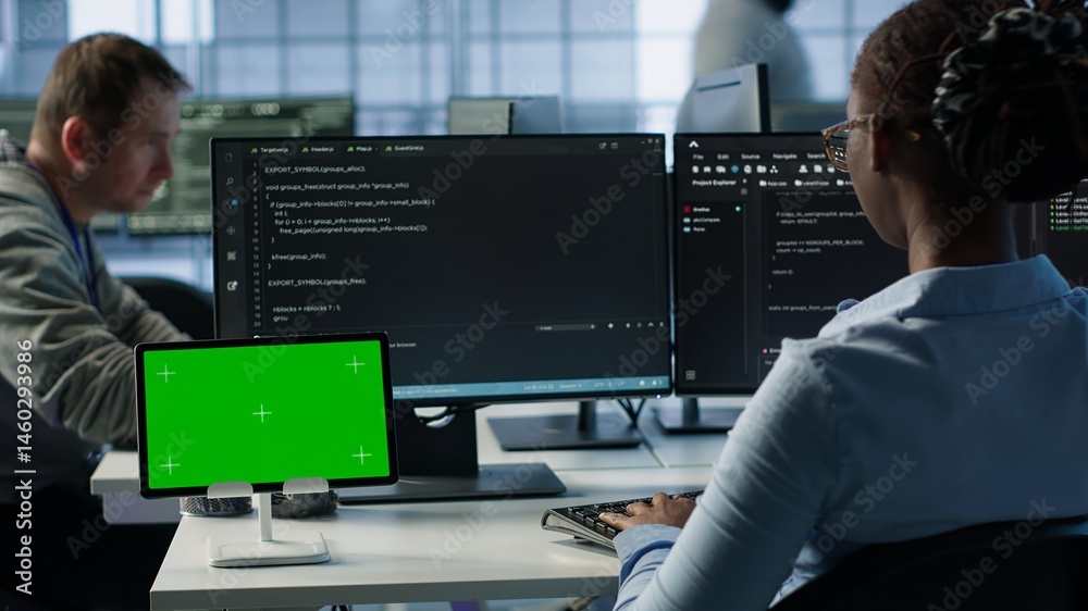 Isolated screen tablet in front of IT support workers coding on computers, upgrading equipment. Engineers at PC desk overseeing server clusters using chroma key device, camera A