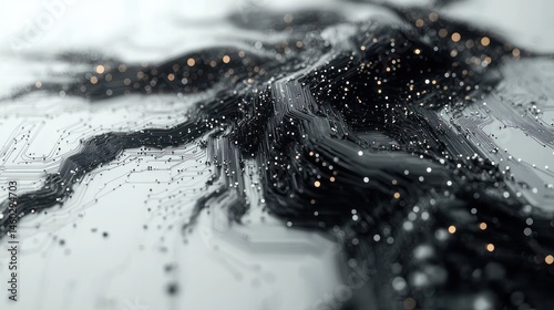 Abstract digital landscape with intricate circuit-like patterns, shimmering particles and textured surface.  Dark and light elements blend seamlessly, creating a sense of depth and movement