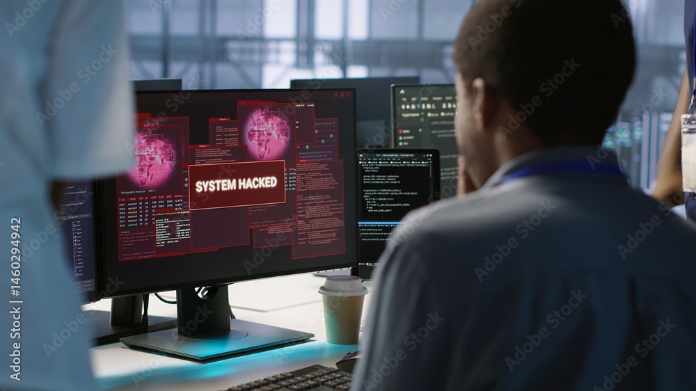 Engineers seeing system hacked popup on PC screen in data center, requesting help from cybersecurity team. Server farm worker seeing security incidents affecting network system, camera A