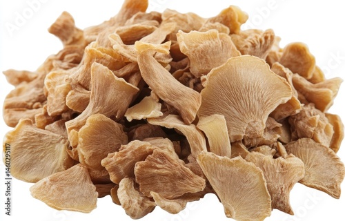 Dried sliced mushrooms.  Pile of dehydrated mushroom pieces