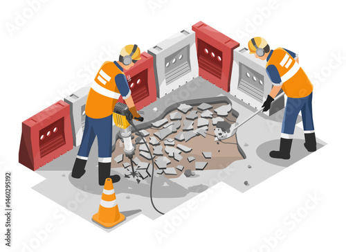 Construction workers using jackhammer and tools to repair broken concrete road surface in safety zone with barriers and caution cone isometric