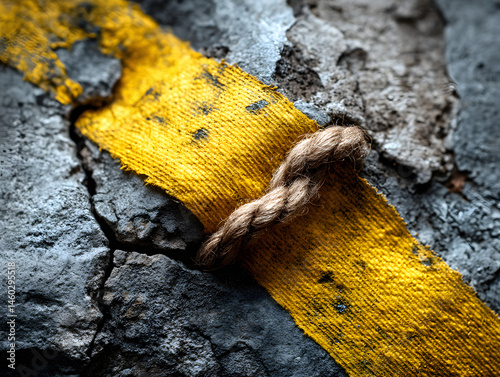 Yellow caution tape fluttering diagonally across  photo
