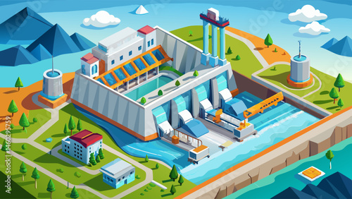 An impressive 3D cross-section of a hydroelectric power plant with turbines and equipment, surrounded by water and a stone control tower structure.