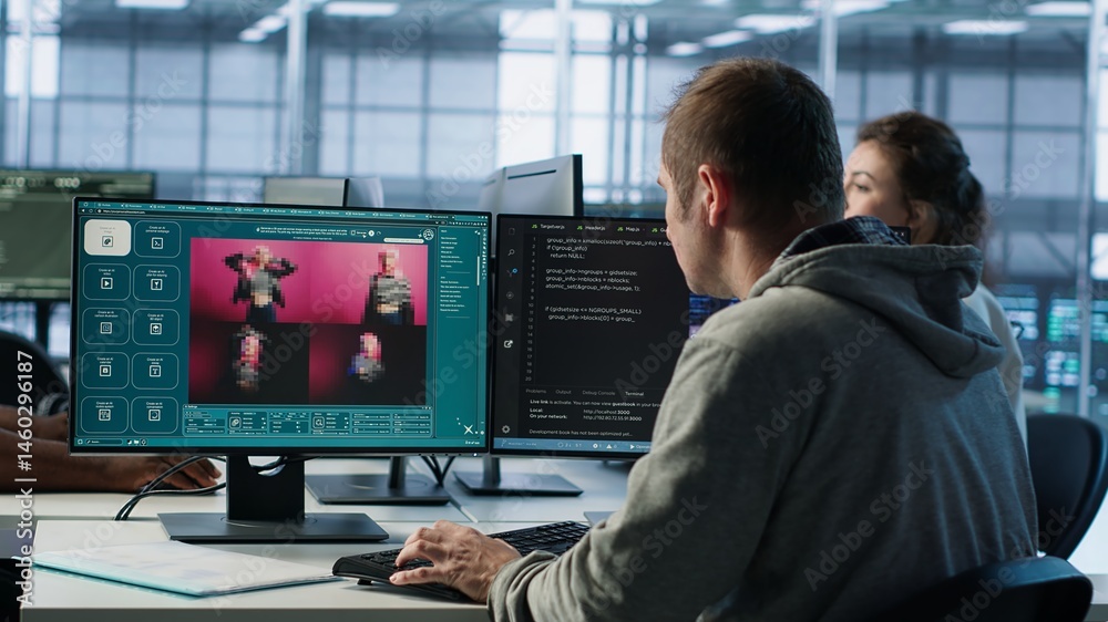 Engineer in server hub making AI software turning text prompt into photos. Technician in data center building text to image artificial intelligence generator transforming words into pictures, camera A