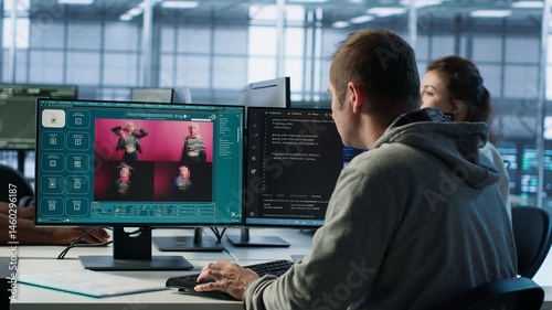 Obraz na płótnie Engineer in server hub making AI software turning text prompt into photos. Technician in data center building text to image artificial intelligence generator transforming words into pictures, camera A w salonie