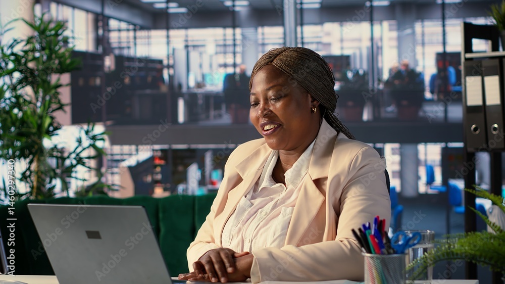Woman director attending videocall conference with the advisory board, planning investment during decision making meeting online. Shareholders with executive power and CEO discuss target. Camera A.