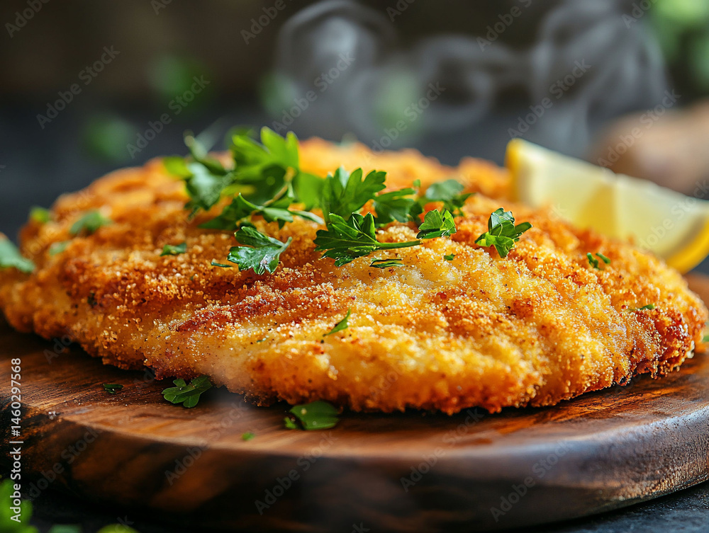 Golden breaded cutlet garnished with parsley and lemon on wood serving board Golden breaded cutlet garnished with parsley and lemon on wood serving board