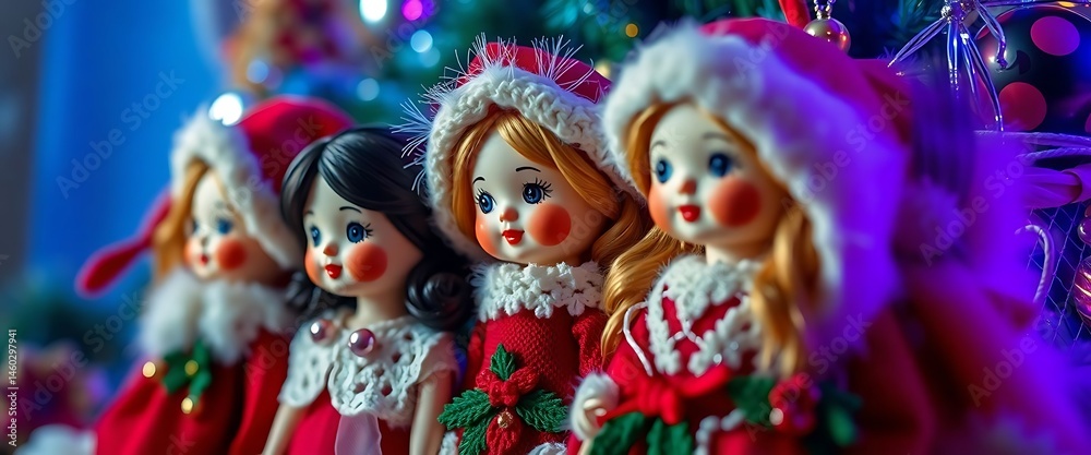 Fototapeta premium group of dolls standing next to a christmas tree
