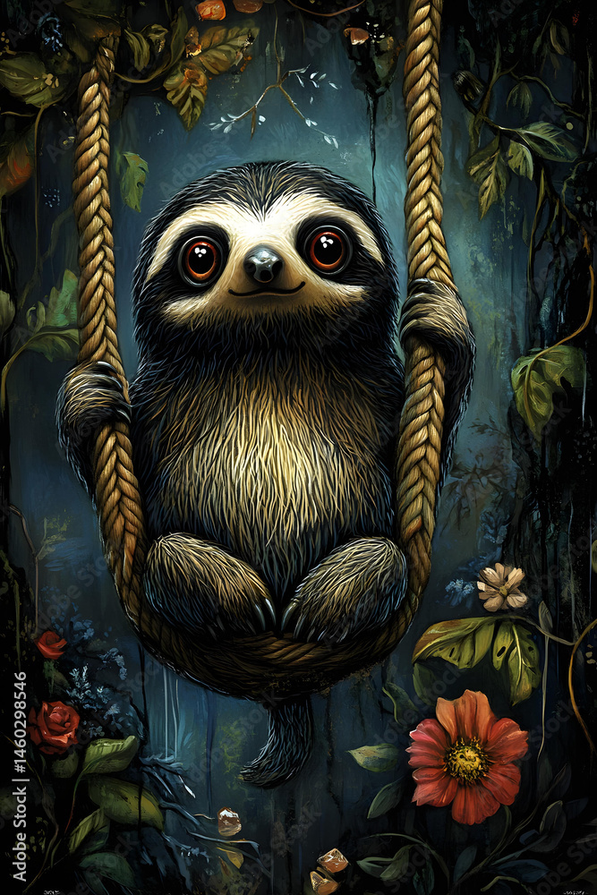 Obraz premium Adorable sloth on a swing amidst lush jungle flora.