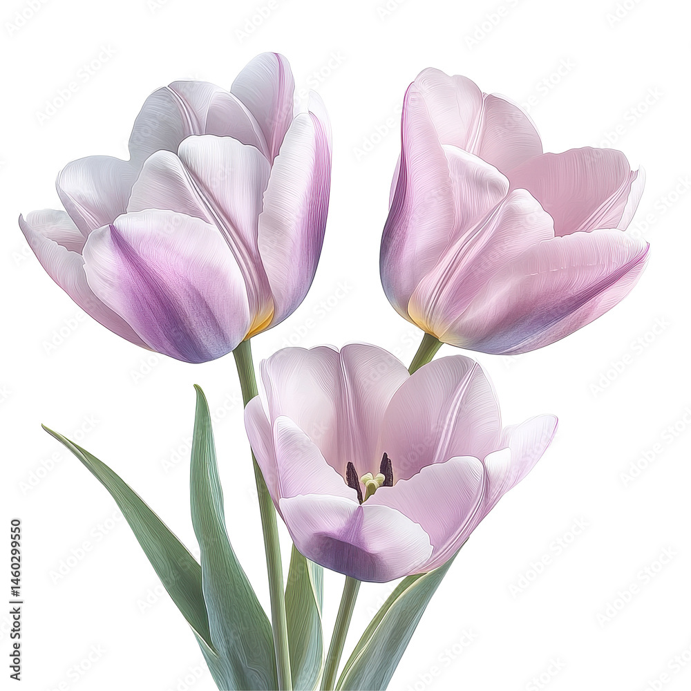 Fototapeta premium Elegant and feminine tulip flowers on Isola create a stunning visual display in bright colors, elegant and feminine tulip flowers on isolated on white background