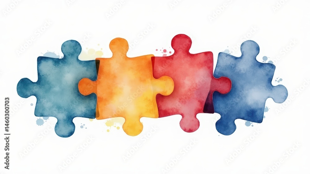 Obraz premium Watercolor Puzzle Pieces: Teamwork, Connection, Collaboration, and Problem Solving Concept
