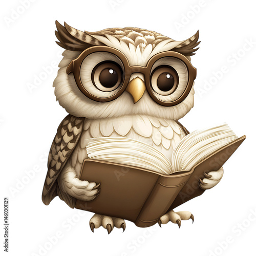 A Cartoon Owl Wearing Glasses Reading a Book Isolated on Transparent Background