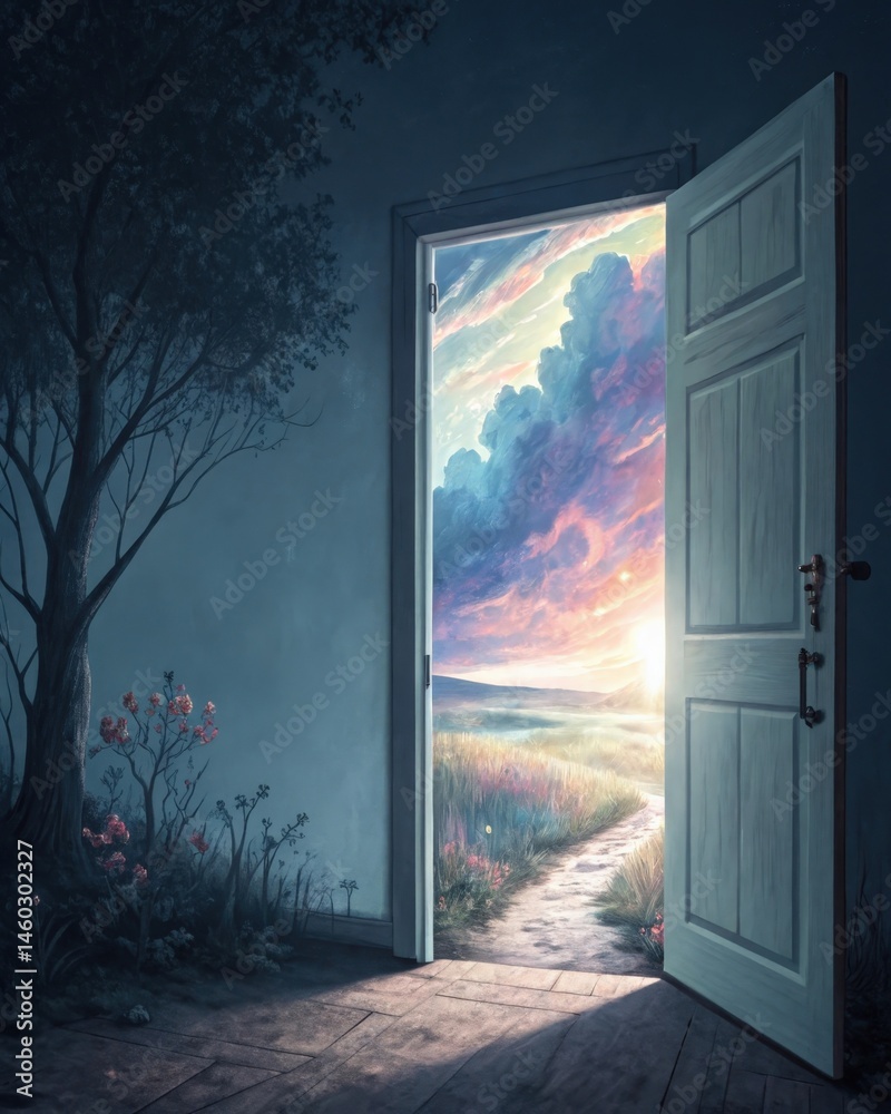 An open door revealing a bright mysterious landscape depicting the unconscious as a threshold to unknown possibilities and revelations.