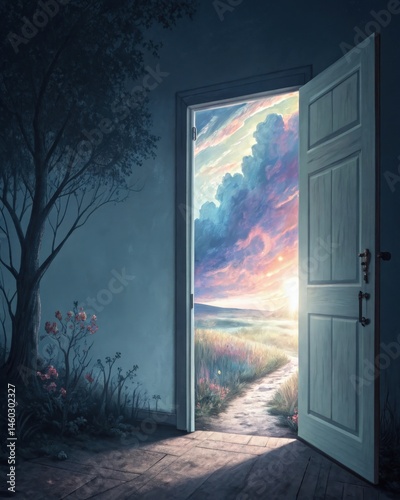 Obraz na płótnie An open door revealing a bright mysterious landscape depicting the unconscious as a threshold to unknown possibilities and revelations. w salonie