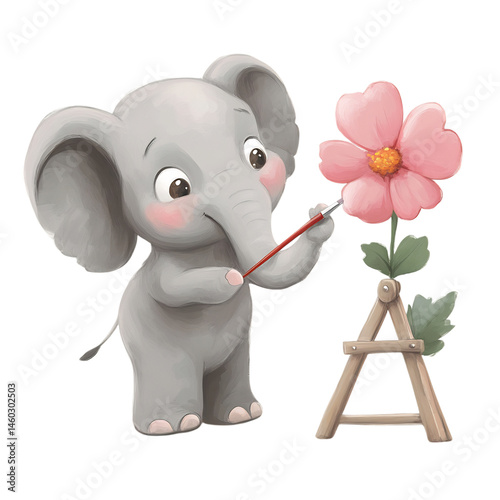 Cartoon Elephant Painting a Flower with a Letter Isolated on Transparent Background