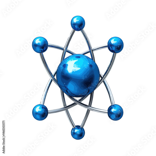 Volumetric illustration of an atom symbol with blue and metallic colors in a scientific design