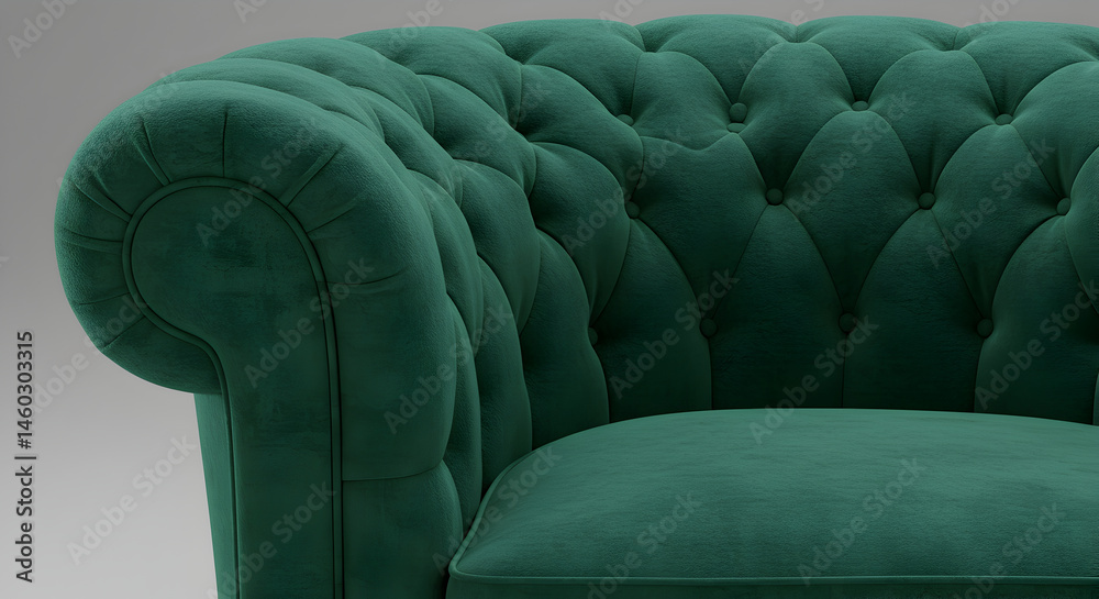 Fototapeta premium Elegant Green Velvet Chesterfield Sofa Close Up For Interior Design