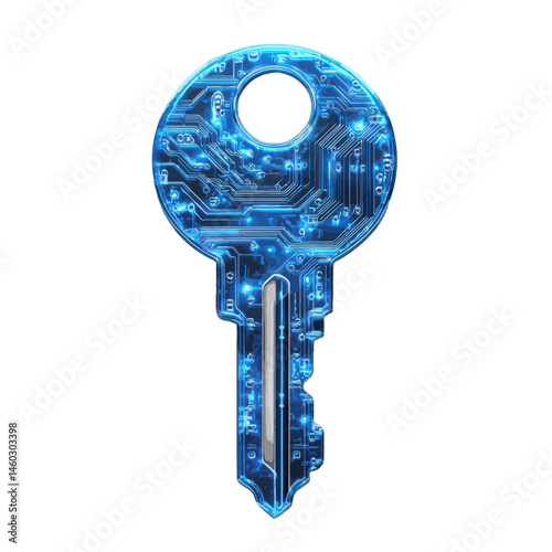 Volumetric illustration of a digital key showcasing intricate circuit patterns in vibrant blue colors