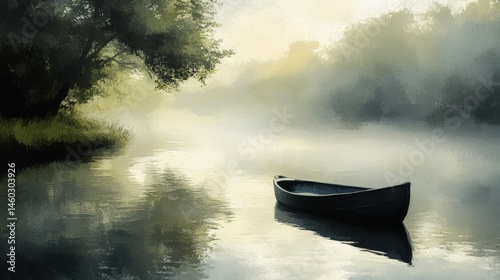 A serene river scene with a lone canoe in a misty morning light.
