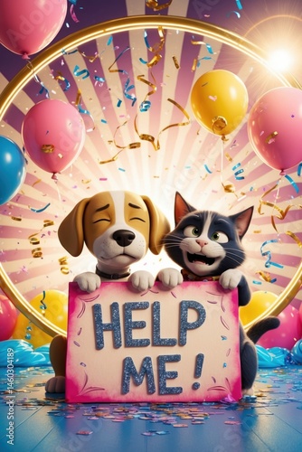 Cute dog and cat holding help me sign at a party