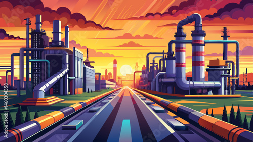 Industrial landscape showcasing a complex network of pipelines, leading towards a sprawling refinery under the vibrant light of a setting sun, symbolizing energy and infrastructure