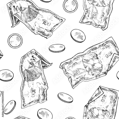 Seamless vector pattern of hand drawn money elements including crumpled banknotes and coins. Vintage black and white line art design for financial themed prints, textiles, and backgrounds