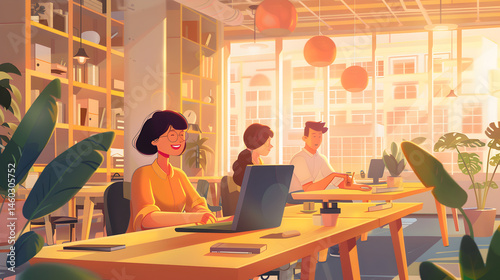 Cartoon office scene with people working on laptops and plants in a bright sunny environment