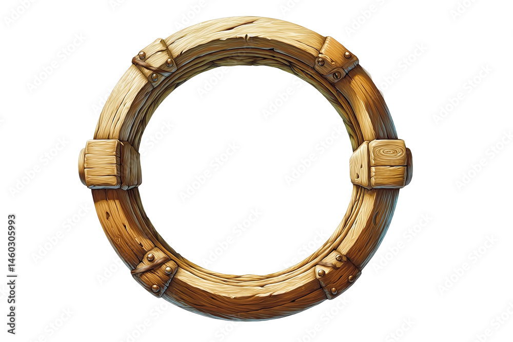 Rustic wooden circular frame with metal detailing game asset ui art old on transparent background Rustic wooden circular frame with metal detailing game asset ui art old on transparent background