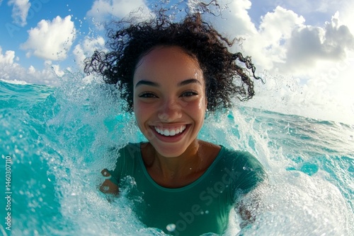 Pretty and hot happy black young woman in green tight t-shirt enjoying turquoise sea, splashes around her. Happy stress-free travel getaway conceptual art. Bright Ñommercial style.