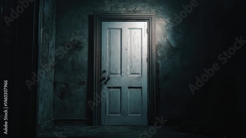Dim, aged room with a weathered door