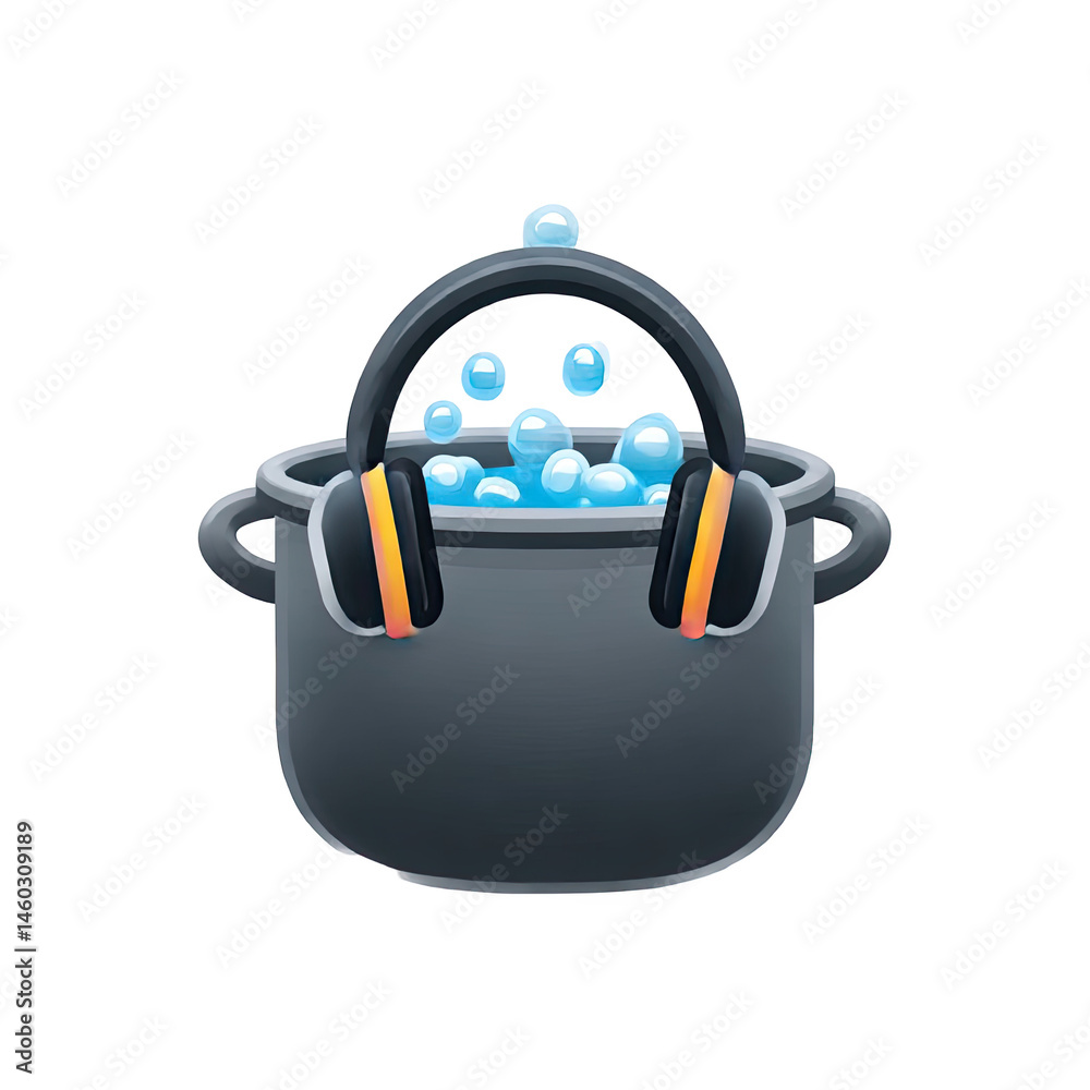 Obraz premium Headphones in a boiling pot of water digital illustration art fun food on transparent background