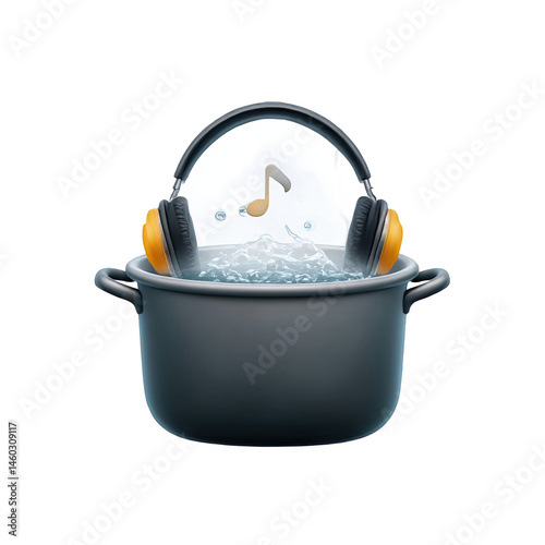 Headphones submerged in water pot with music note symbol 3d art tone mood on transparent background