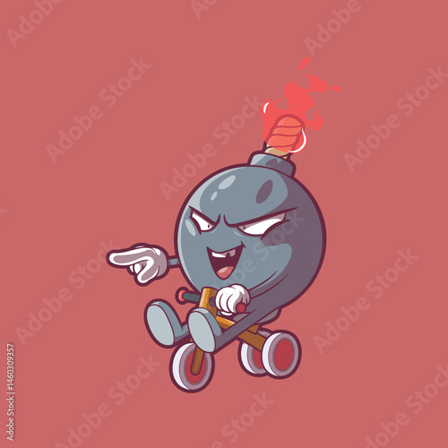 Bomb Character riding a tricycle while screaming and on fire vector illustration. Mascot design concept.