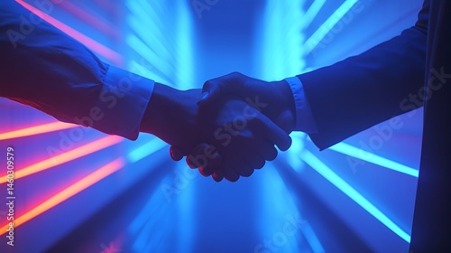 Two people shaking hands in a neon-lit corridor, symbolizing agreement