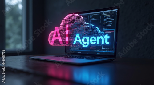 An AI agent virtual cloud hologram and a laptop computer symbolizing agentic digital autonomy using teamwork and human collaboration in the autonomous workforce