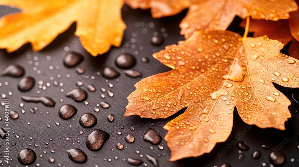 Autumnal leaves with water droplets on a dark surface. Autumnal leaves with water droplets on a dark surface.