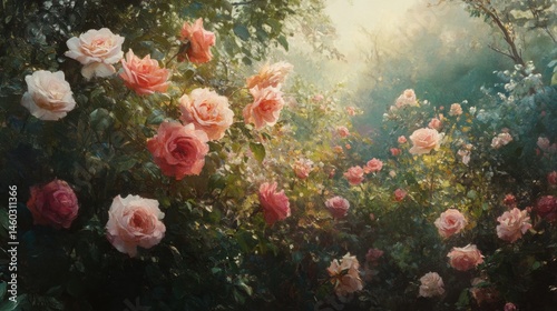 Lush garden path filled with blooming roses.