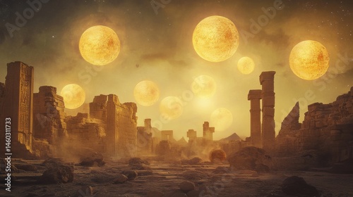 Ancient ruins bathed in golden celestial orbs.