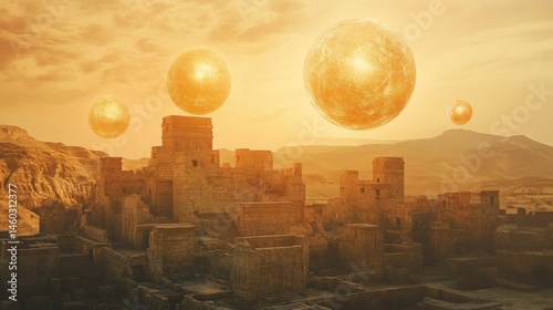 Ancient ruins in a golden, ethereal landscape.