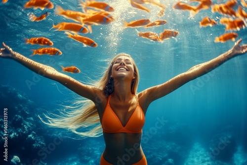 A dense school of silver fish swims next to her. A stunning and sexy happy black young woman with blond hair with a happy face snorkeling among the corals. Bright commercial style image.