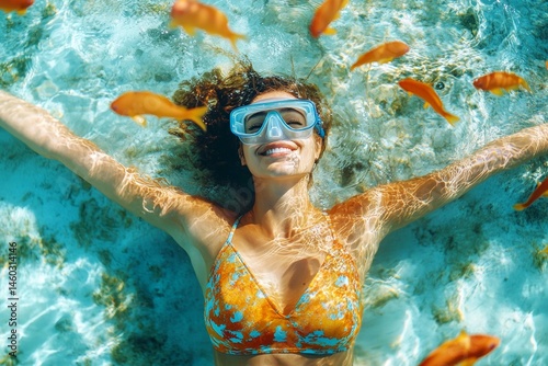 Bright commercial style image. A pretty and sexy happy caucasian young woman with short hair in a swimming mask and fins snorkeling among the corals. Many tropical fish swim next to her.