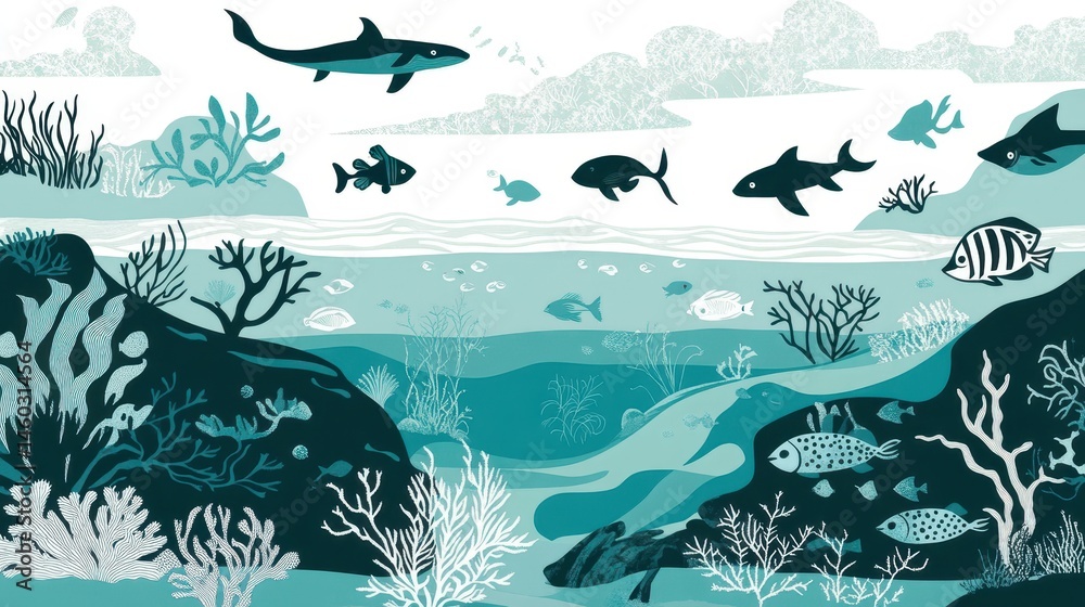 Naklejka premium Underwater coral reef scene with various fish and sharks.