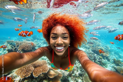 Bright commercial style image. A dense school of silver fish swims next to her. A gorgeous and sexy happy black young woman with red hair with a happy face snorkeling among the corals.