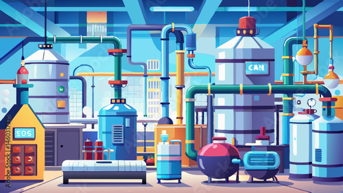 An industrial setting with complex pipework and storage tanks, showcasing a sterile laboratory environment, displaying a high-tech machinery installation and gleaming white 