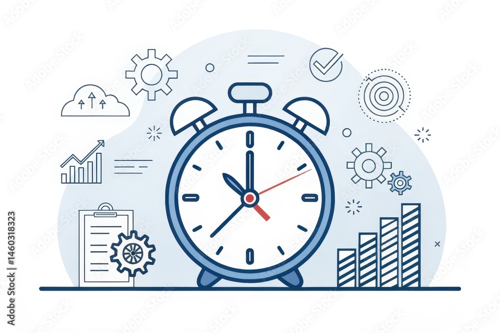 Alarm Clock with Business Icons and Time Management Elements