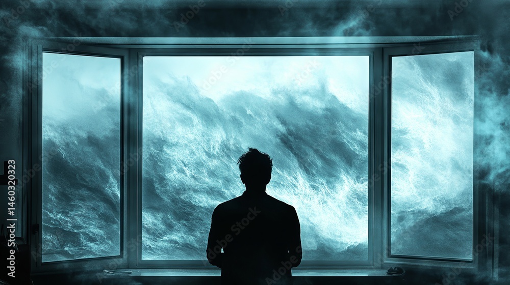 Fototapeta premium Silhouette of person looking out window at rough sea with fog in a dark and moody atmosphere