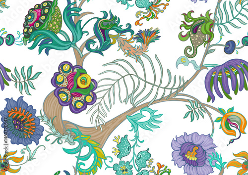 Fantasy, alien hypnotic flowers, decorative flowers and leaves. Cartoon style. Millefleurs trendy floral design. Seamless pattern, background. Outline hand drawing vector illustration.